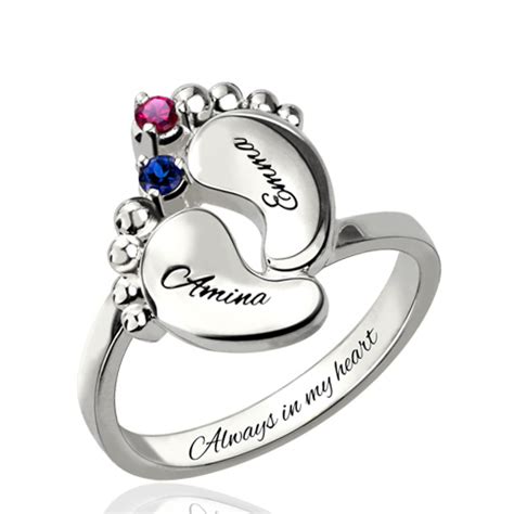 Engraved Birthstone Ring for Mom with Baby Name Platinum Plated - GetNameNecklace