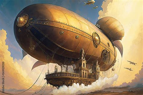 Airships powered by steam engines steampunk style painting. Digital art ...