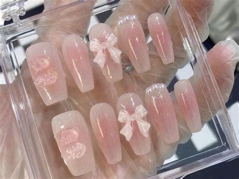 Jelly Pink Press on Nails Cute Bow Nail Set With Bear Charm Custom ...
