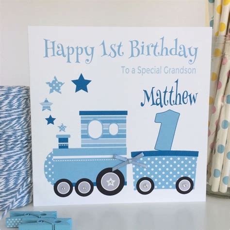 Grandson First Birthday Card Handmade Personalised Blue Train 1st ...