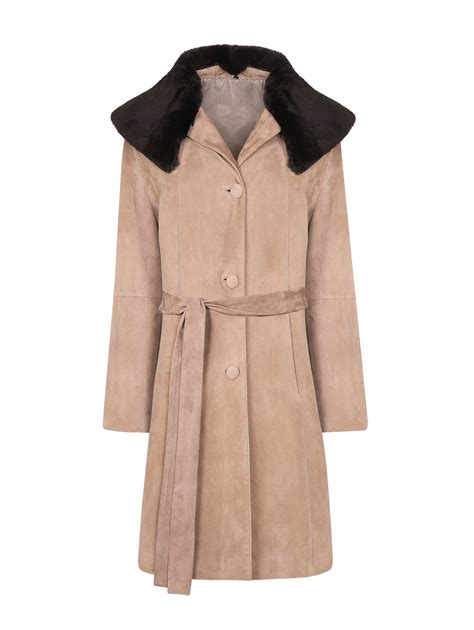 mid length shearling collar suede coat taupe