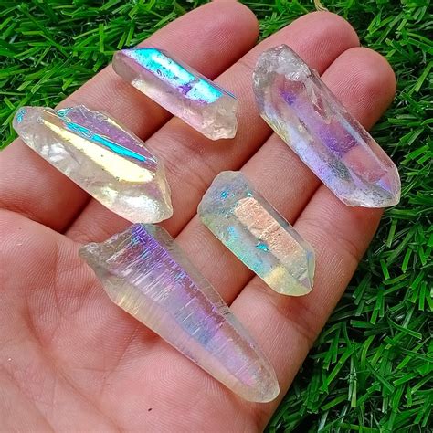 titanium aura quartz crystal titanium rainbow aura crystal etsy