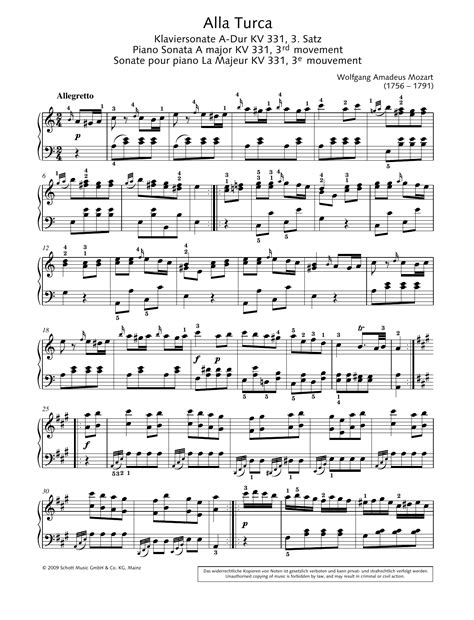Alla Turca by Wolfgang Amadeus Mozart Sheet Music for Piano Solo at