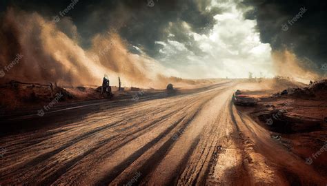 Premium Photo | Dust sand cloud on a dusty road scattering trail on ...