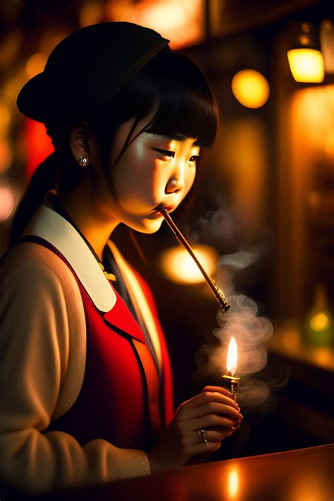 Lexica - Young japanese girl smoking a pipe at night in a bar
