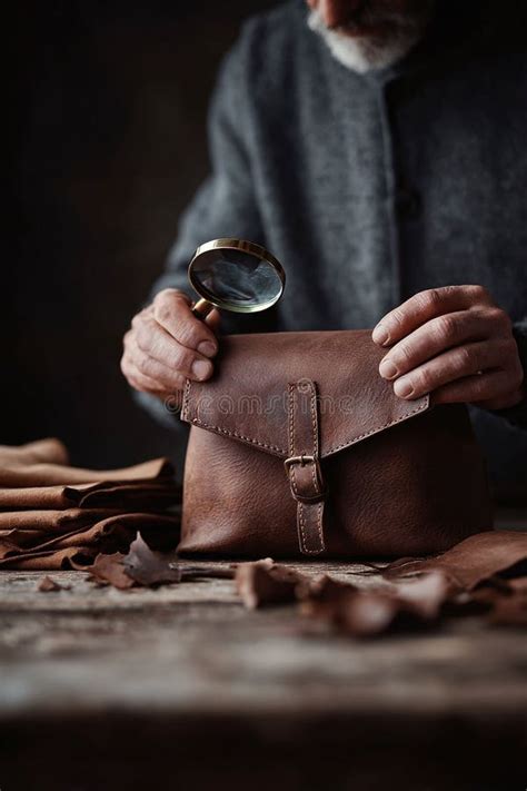 Artisan Inspecting Handcrafted Leather Bag with Magnifying Glass. Focus ...
