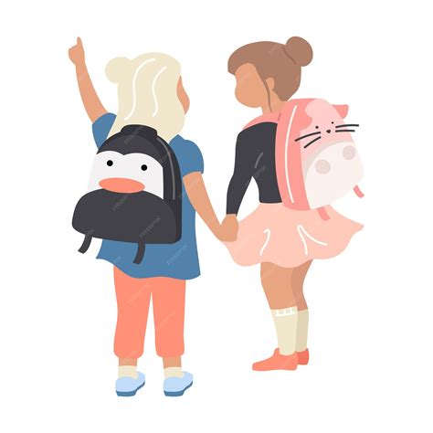 Niños en edad preescolar femeninos tomados de la mano personajes