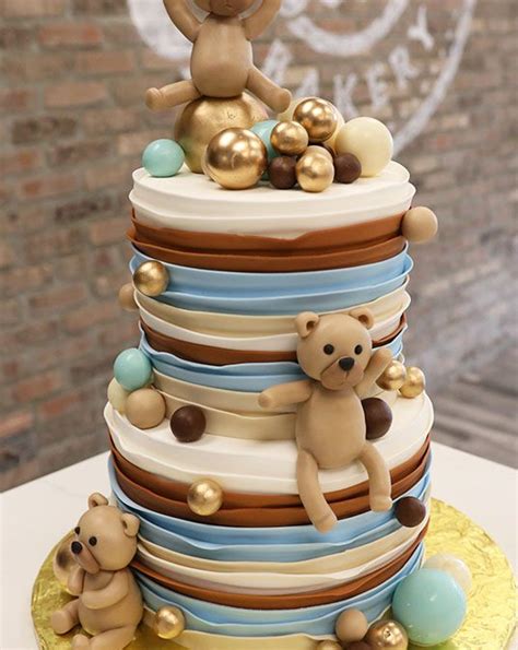 Fondant Ruffle Tiered Baby Shower Cake With 3d Teddy Bears