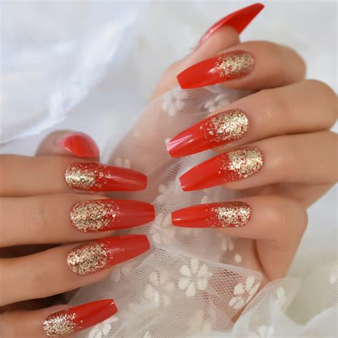 Red And Gold Acrylic Nails