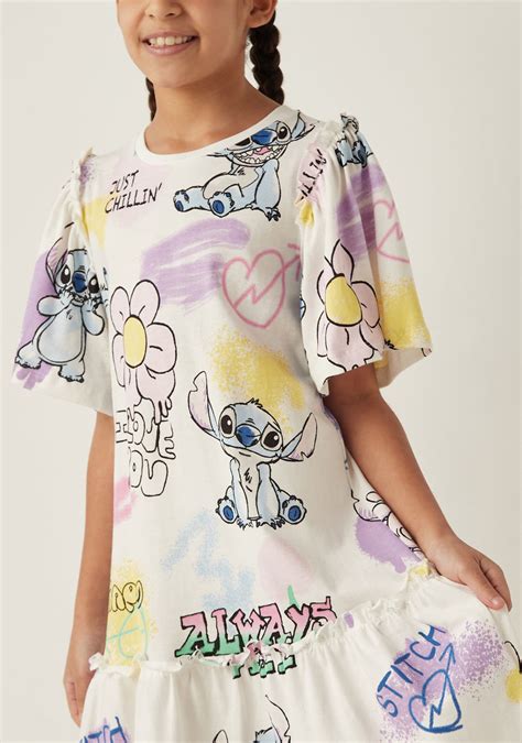 Buy Disney Stitch Print Dress with Drop Waist and Short Sleeves Online for Girls | Centrepoint UAE