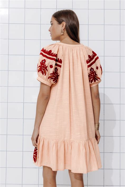 Embroidered babydoll dress - Beige