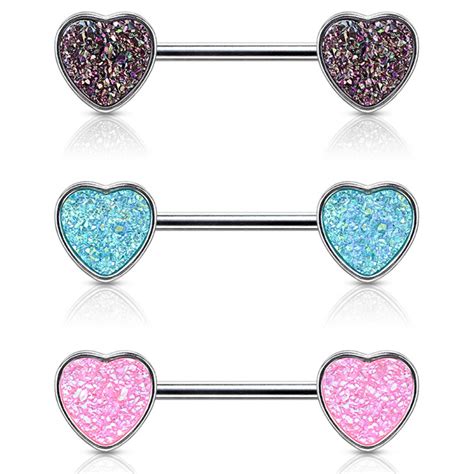 PAIR - Faux Druzy Stone Heart Steel Nipple Rings | BodyDazz.com