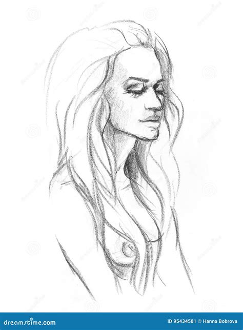 Portrait of a Naked Girl . Drawing with a Pencil. Stock Illustration