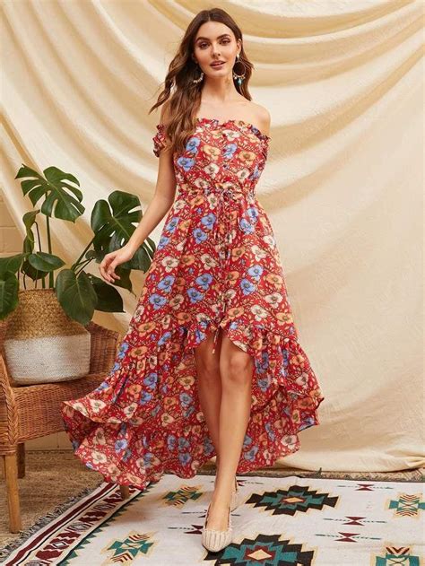 SHEIN Off Shoulder Buttoned Ruffle Trim Dip Hem Floral Dress | Dress ...