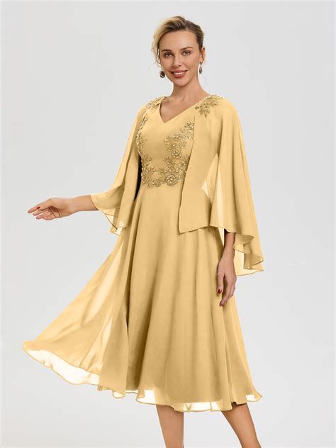 Mother Of Bride Gold Dress A-Line Appliques 3/4 Sleeves V-Neck Tea-Len