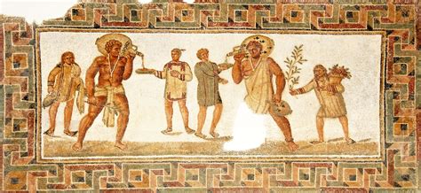 Mosaic floor with slaves serving at a banquet, found in Dougga (3rd
