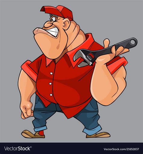 Cartoon angry big man with a key tool in his hand Vector Image