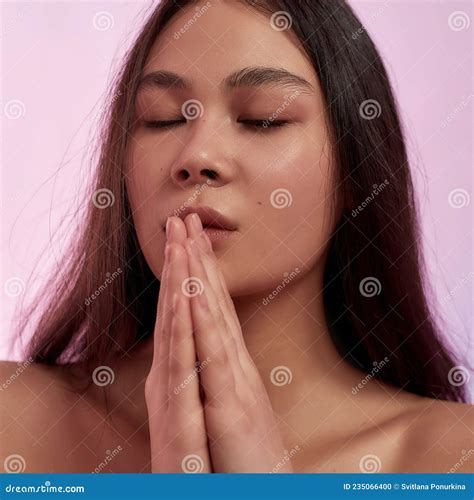 Pretty Naked Asian Woman on Pink Studio Background Stock Photo - Image