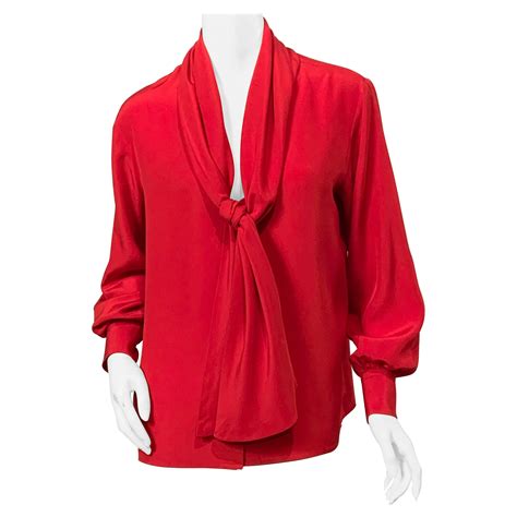 Yves Saint Laurent Red Silk Blouse with Scarf Tie Neckline For Sale at