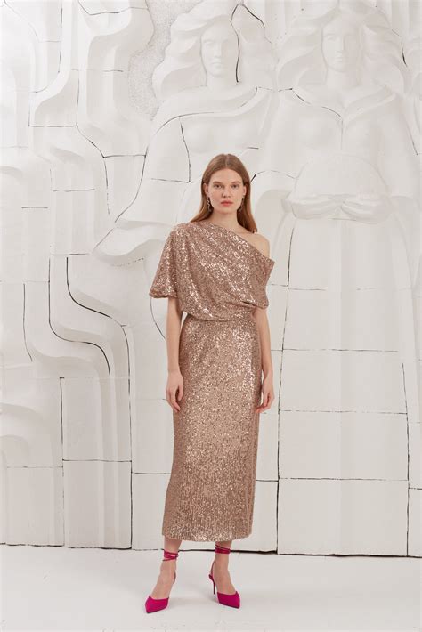 Nude Sequin Asymmetric Evening Midi Dress MARGO | UNDRESS