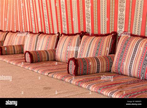 interior   large traditional arab tent lined  red patterned