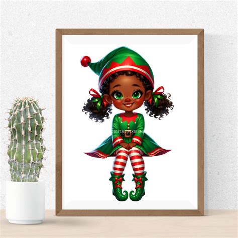 Girl Elf Clipart, Black Girl Elf, Watercolor Santa Elf Clipart, Cute