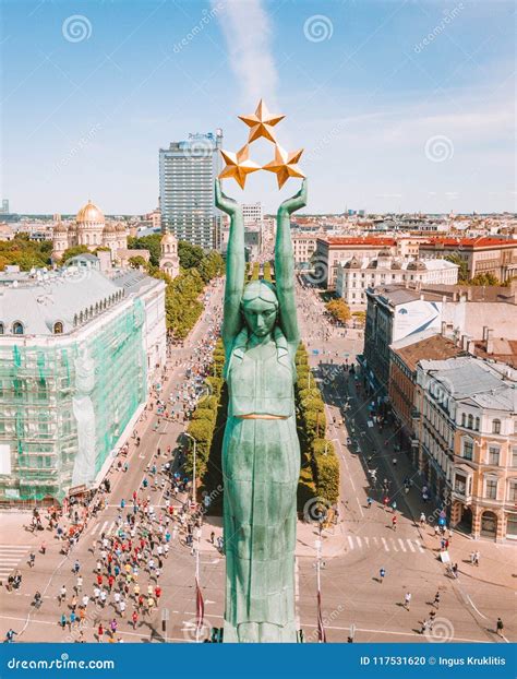Aerial View of the Statue of Liberty Milda in the Center of Riga during