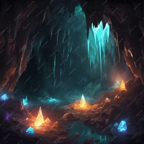 Mysterious underground cave with glowing crystals and an underground