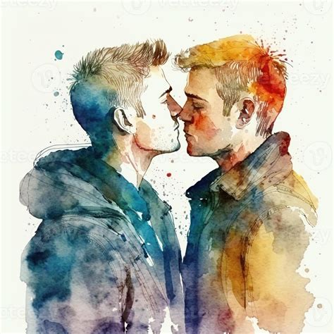 watercolor illustration of two gay men kissing, a couple in love