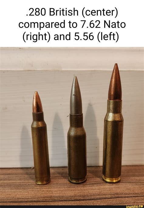 .280 British (center) compared to 7.62 Nato (right) and 5.56 (left ...