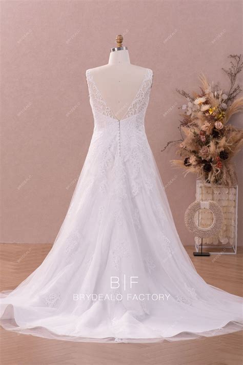 Plus Size Designer Lace Straps V-neck A-line Chapel Train Wedding Gown
