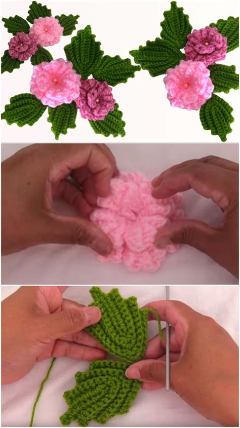 Crochet Rose Flower With Leaves - Crochet Ideas | Crochet flowers ...