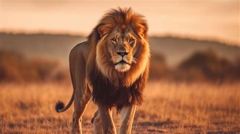 Premium AI Image | Lion walking in the sunset