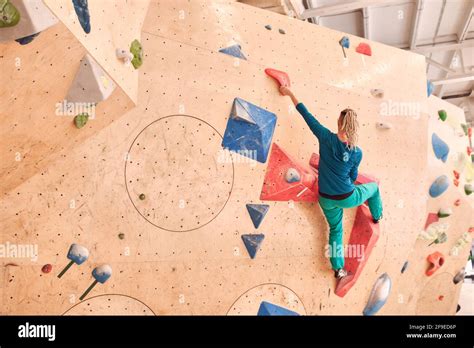 Low angle back view of anonymous female athlete climbing artificial wall during bouldering ...