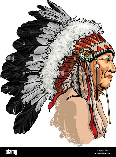 Detailed, hand drawn, native american sitting bull vector portrait. Headdress with feathers ...