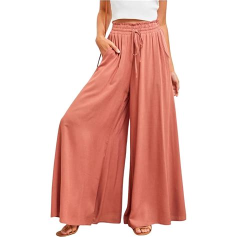 somer pants  women flowy dressy casual elastic high waist wide leg