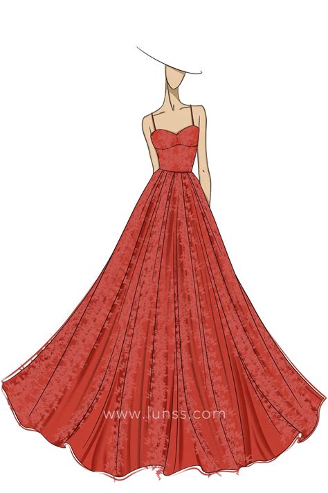 Sketch of Red Lace A-line Long Birthday Party Dress - Lunss