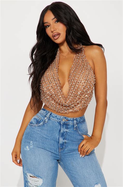 Going Out Tonight Rhinestone Halter Top - Nude | Fashion Nova