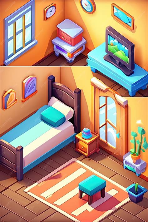 Premium Photo | A cartoon illustration of a bedroom with a bed and a window.