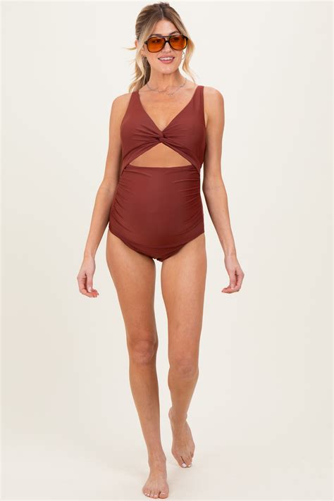 Brown Ruched Sides Front Cutout Maternity One Piece Swimsuit – PinkBlush