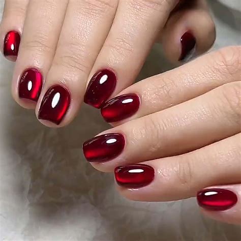 Red False Nails - 32PCS Short False Nails - Square Red Cat Eye False