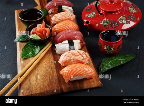 japanese traditional cuisine set  nigiri sushi topped  sake