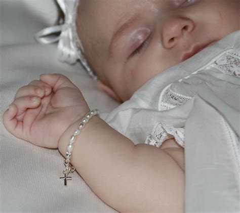 Fresh water pearl baby bracelet with sterling silver cross. Perfect Christening, Baptism or baby ...