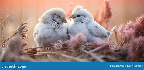 A Pair of White Love Birds on a Branch among Flowers Stock Image ...