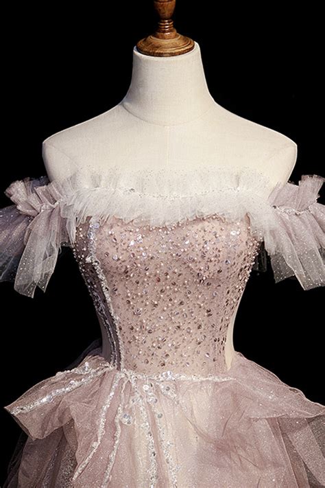 Pink tulle sequins long prom dress pink evening dress · Little Cute