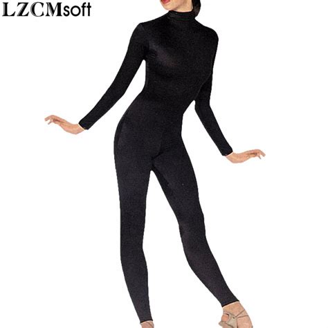 LZCMsoft Women Nylon Long Sleeves Unitards For Gymnastics Turtleneck Black Unitards Spandex ...