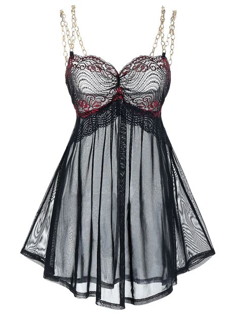 Plus Size Lace Mesh Chain Strap Sexy Lingerie Babydoll Set - Dealley