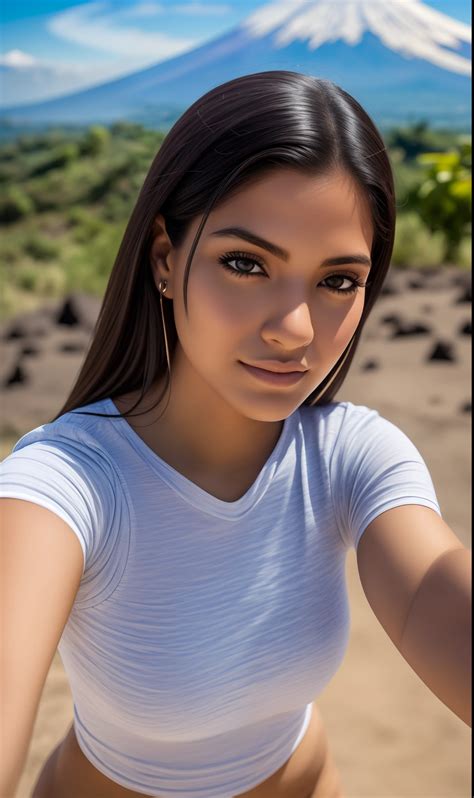 Arafed woman taking a selfie with a mountain in the background - SeaArt AI