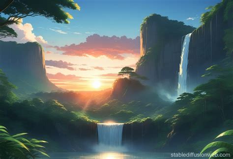 vivid sunset waterfall  jungle makoto shinkai anime style stable