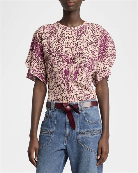 Isabel Marant Karlita Spotted-Print Silk Short-Sleeve Blouse | Neiman